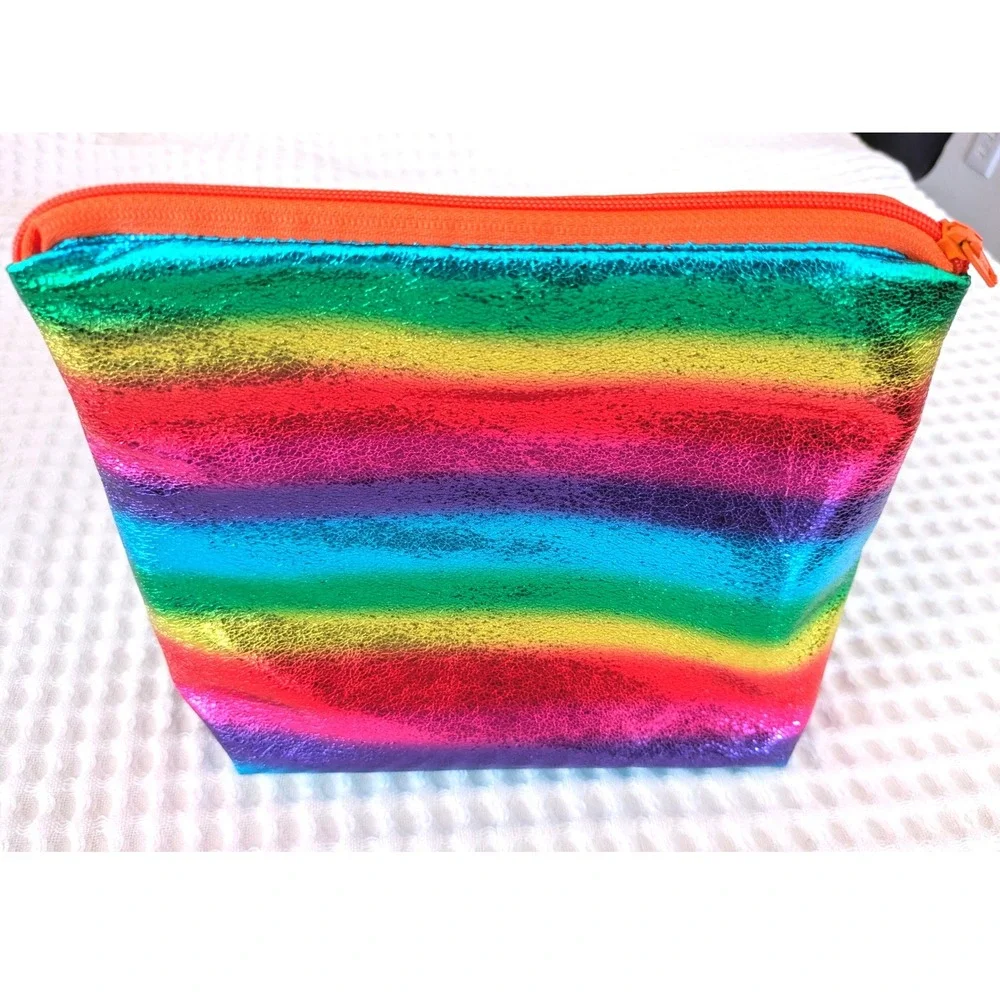 Metallic Rainbow Striped Makeup Bag Shimmer Cosmetic Pouch Travel Toiletry Case
